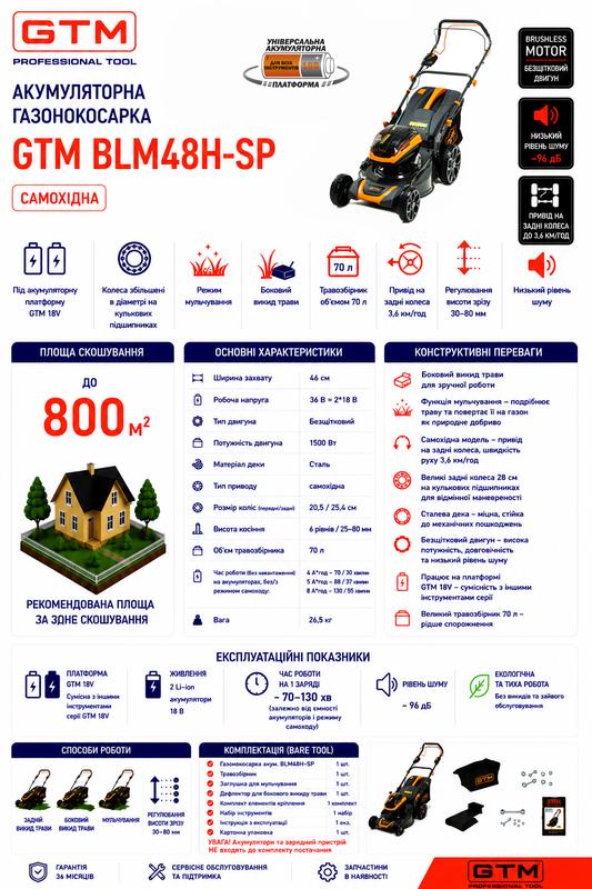 Газонокосарка акумуляторна GTM BLM48H-SP самохідна без АКБ і ЗП (BLM48H-SP_BARE TOOL) 83550