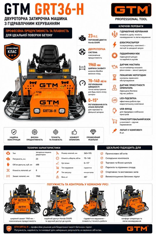 Машина затирочна двороторна GRT36-Н,дв. Honda GX690 24к.с.,з гідравлічним керуванням, лопасті в комплекті