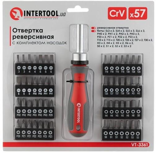 Викрутка реверсивного Intertool з комплектом насадок 57 од (VT-3361)