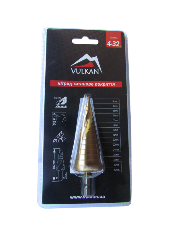 Свердло ступінчасте VULKAN HSS TiN (4-32мм, 15 ступенів) 17635