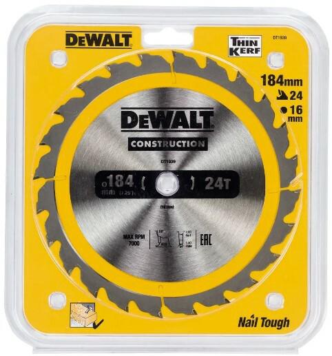 Диск пильний DeWALT CONSTRUCTION DT1939, 184х16 мм, 24z