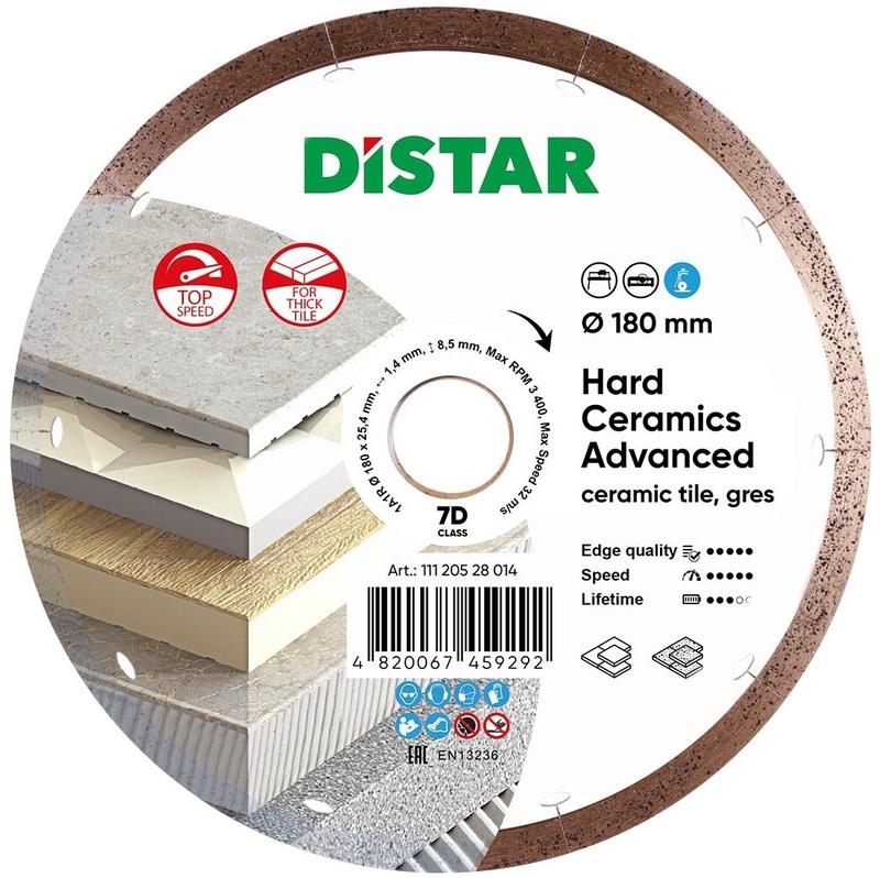 Диск алмазний відрізний Distar 1A1R 180x1,4x8,5x25,4 Hard ceramics Advanced (11120528014)