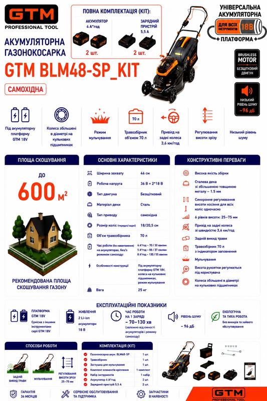 Газонокосарка акумуляторна GTM BLM48-SP+2 АКБ і ЗП (BLM48-SP_KIT) 83837