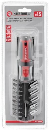Викрутка Intertool 1/4 "100 мм з магнітним утримувачем і комплектом насадок 15 од (VT-3343)